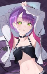 Rule 34 | 1girl, absurdres, arm behind head, arms up, bed sheet, black choker, blush, choker, commentary request, crop top, demon tail, ear piercing, green eyes, green nails, hair ornament, hairclip, highres, hololive, jacket, long sleeves, looking at viewer, lying, multicolored hair, multicolored nails, nail polish, navel, o-ring, o-ring choker, on back, open clothes, open jacket, parted lips, piercing, pillow, pink hair, purple hair, purple nails, solo, stomach, streaked hair, tail, tail ornament, tail piercing, tojo aoi, tokoyami towa, upper body, virtual youtuber, white jacket, x hair ornament