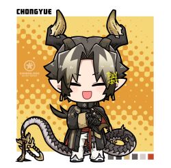 Rule 34 | 1boy, :d, arknights, black gloves, black jacket, black shirt, blush, blush stickers, brown hair, character name, chong yue (arknights), closed eyes, color guide, commentary request, crossed arms, dog-san, dragon boy, dragon horns, dragon tail, facing viewer, forehead, full body, gloves, halftone, halftone background, highres, horns, jacket, male focus, multicolored hair, open mouth, pants, parted bangs, pointy ears, shirt, shoes, signature, smile, solo, standing, tail, two-tone hair, v-shaped eyebrows, watermark, white footwear, white pants