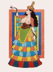 Rule 34 | 1girl, ancient greek clothes, arm up, black hair, bracelet, breasts, breasts apart, capelin s, dress, full body, greco-roman clothes, hat, highres, history, jewelry, large breasts, long hair, minoan clothes, nipples, open clothes, original, parted lips, profile, smile, snake, solo, standing, traditional clothes