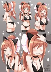 Rule 34 | 1boy, 1girl, :3, animal ears, animated, animated gif, ass, aster-effect, bent over, black bra, black panties, black thighhighs, blush, bow, bra, breasts, brown hair, cat ears, cat girl, choker, cleavage, closed eyes, collarbone, crossed arms, doki doki literature club, fake animal ears, fang, from behind, grey background, hair bow, headpat, heart, large breasts, long hair, looking at viewer, looking back, looping animation, monika (doki doki literature club), multiple views, open mouth, panties, paw pose, ponytail, smile, thighhighs, tongue, tongue out, underwear, wristband, yellow eyes