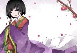 Rule 34 | 10s, 1girl, :d, black eyes, black hair, blank eyes, branch, folded fan, cowboy shot, hand fan, flower, folding fan, hammer (sunset beach), highres, holding, japanese clothes, kimono, long sleeves, looking at viewer, monogatari (series), open mouth, oshino ougi, owarimonogatari, petals, plant, red flower, simple background, smile, solo, branch, white background, wide sleeves