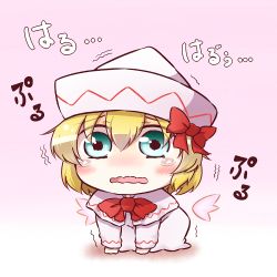 Rule 34 | 1girl, aged down, all fours, baby, blonde hair, blue eyes, blush, bow, child, female focus, gradient background, hat, lily white, pink background, sad, short hair, simple background, solo, touhou, translated, trembling, wings, yutamaro