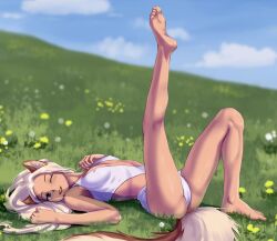 Rule 34 | 1girl, absurdres, animal ears, bare arms, bare legs, bare shoulders, barefoot, blue eyes, blue sky, blurry, blurry background, borrowed character, breasts, cloud, covered erect nipples, day, feet, female focus, flower, forehead, freckles, from side, full body, grass, hair spread out, hands up, highres, hill, iskanderednaksi, knee up, leg up, legs, long hair, looking at viewer, losse (personal ami), lying, medium breasts, no bra, no pants, on back, on grass, one eye closed, open mouth, original, outdoors, panties, parted bangs, revealing clothes, ribs, shadow, shirt, sky, smile, soles, solo, tail, teeth, toes, turning head, underwear, upper teeth only, white hair, white panties, white shirt