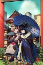 Rule 34 | 2girls, absurdres, ankle boots, architecture, black choker, black flower, black footwear, black gloves, black hair, black horns, black kimono, black shawl, blue hair, blue sky, blue umbrella, boots, building, bush, choker, closed eyes, closed mouth, cloud, commentary, cross-laced footwear, day, demon horns, earrings, east asian architecture, english commentary, feather print, floral print kimono, flower, flower knot, frilled choker, frills, fur scarf, geta, gloves, grey hair, grey kimono, hair bun, hair flower, hair ornament, heads together, highres, holding, holding umbrella, hololive, hololive english, horn flower, horns, japanese clothes, jewelry, kanzashi, kimono, lace, lace-trimmed kimono, lace-up boots, lace gloves, lace trim, leaning on person, leaning to the side, light blush, looking afar, looking ahead, mole, mole under eye, multicolored hair, multiple girls, nerissa ravencroft, nerissa ravencroft (new year), official alternate costume, official alternate hairstyle, oil-paper umbrella, outdoors, pink flower, pink rose, plant, platform boots, platform footwear, red flower, rose, scarf, shawl, shiori novella, shiori novella (new year), short hair, signature, single hair bun, sitting, sky, smile, sokathebaka, split-color hair, streaked hair, tassel, tassel earrings, thighhighs, torii, two-tone hair, two-tone kimono, umbrella, virtual youtuber, white scarf, white thighhighs, x hair ornament, yellow eyes
