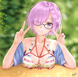 Rule 34 | 1girl, arms on table, bare shoulders, black-framed eyewear, blue shirt, blurry, blurry background, breast rest, breasts, breasts on table, cleavage, collarbone, dated, double v, fate/grand order, fate (series), glasses, hair over one eye, head tilt, highres, large breasts, looking at viewer, mash kyrielight, mash kyrielight (swimsuit of perpetual summer ver.02), off-shoulder shirt, off shoulder, official alternate costume, purple eyes, purple hair, shirt, short hair, signature, solo, swimsuit, table, upper body, v, yayanri