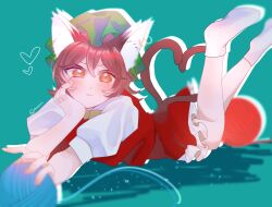 Rule 34 | 1girl, :3, animal ear fluff, animal ear piercing, animal ears, aqua background, blush, brown eyes, brown hair, cat ears, cat tail, chen, commentary request, double-parted bangs, earrings, eyebrows hidden by hair, feet up, foreshortening, from side, full body, green hat, hair between eyes, hand on own cheek, hand on own face, hat, heart, heart tail, highres, jewelry, light particles, lying, mob cap, multiple tails, nekomata, on stomach, parted lips, perspective, puffy short sleeves, puffy sleeves, red skirt, red vest, short hair, short sleeves, simple background, single earring, skirt, skirt set, socks, solo, tail, touhou, two tails, v-shaped eyebrows, vest, yarn, yarn ball, yususuu