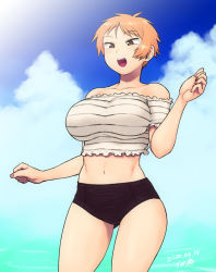 Rule 34 | 1girl, bare shoulders, black shorts, breasts, brown eyes, cloud, cloudy sky, collarbone, crop top, day, fingernails, gluteal fold, impossible clothes, impossible shirt, large breasts, midriff, navel, off-shoulder shirt, off shoulder, open mouth, orange hair, original, shirt, short hair, short shorts, shorts, sidelocks, sky, solo, standing, striped, teeth, tsukudani (coke-buta), tsurime-chan, upper teeth only, very short hair