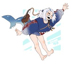 Rule 34 | absurdres, arm up, bandaid, bandaid on leg, barefoot, blush, bracelet, charm (object), closed eyes, dayo34, fins, fish tail, gawr gura, gradient clothes, grey background, highres, hololive, hololive english, instrument, jewelry, medium hair, open mouth, rope, shark tail, sharp teeth, simple background, smile, sticker, stitches, tail, teeth, upper teeth only, virtual youtuber, waving
