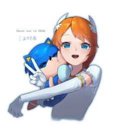 Rule 34 | 1boy, 1girl, 2018, absurdres, anger vein, bad id, bad pixiv id, blue eyes, commentary, commentary request, dress, elbow gloves, english text, feather hair ornament, feathers, furry, furry male, gloves, hair ornament, highres, hug, looking at viewer, open mouth, orange hair, princess elise the third, short hair, smile, sonic (series), sonic the hedgehog, v, yi sueng