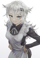 Rule 34 | 1girl, absurdres, aiv, alternate costume, animal ears, apron, arknights, black dress, blush, collared dress, commentary, cowboy shot, dress, enmaided, grey eyes, hair between eyes, hair ornament, hairclip, hand on own hip, highres, lappland (arknights), long hair, long sleeves, looking at viewer, maid, maid apron, messy hair, neck ribbon, parted lips, ribbon, scar, scar across eye, simple background, smile, solo, symbol-only commentary, white background, white hair, white ribbon, wolf ears, wolf girl