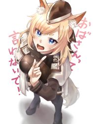 Rule 34 | 1girl, absurdres, animal ear fluff, animal ears, arknights, belt, black footwear, black hat, black ribbon, black thighhighs, blonde hair, blue eyes, breasts, cape, commentary request, garrison cap, hair ribbon, hat, high heels, highres, horse ears, horse girl, horse tail, index finger raised, long hair, long sleeves, looking at viewer, medium breasts, open mouth, ribbon, short eyebrows, simple background, solo, standing, swept bangs, tail, thighhighs, translation request, u yuz xx, whislash (arknights), white background, white cape