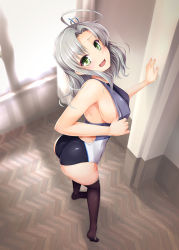 Rule 34 | 10s, 1girl, against wall, ahoge, arm support, ass, black thighhighs, breasts, competition swimsuit, floor, from above, full body, green eyes, grey hair, hassen (8cm), indoors, kantai collection, kinugasa (kancolle), large breasts, leaning forward, long hair, looking at viewer, looking back, looking up, one-piece swimsuit, open mouth, sideboob, smile, solo, standing, swimsuit, thighhighs