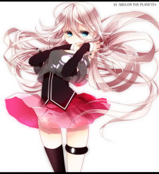 Rule 34 | 1girl, bare shoulders, blue eyes, braid, character name, clothes lift, female focus, highres, ia (vocaloid), letterboxed, long hair, naoto (tulip), off shoulder, pink hair, pink skirt, simple background, single thighhigh, skirt, solo, thigh strap, thighhighs, twin braids, very long hair, vocaloid