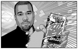 Rule 34 | 1boy, buttons, can, closed mouth, dark-skinned male, dark skin, expressionless, facial hair, goatee, greyscale, high collar, highres, holding, holding can, kanye west, looking at viewer, male focus, monochrome, mountain dew, outstretched hand, real life, short hair, solo, upper body, very short hair, xyanaid