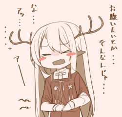 Rule 34 | &gt; &lt;, 1girl, animal ears, antlers, blush stickers, fang, hair between eyes, hitoshi, horns, hungry, long hair, long sleeves, monochrome, open mouth, original, pointy ears, sepia, sidelocks, smile, solo, tabard