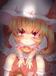Rule 34 | 1girl, ascot, bad id, bad pixiv id, blonde hair, blush, demekyon, flandre scarlet, hat, highres, looking up, red eyes, short hair, side ponytail, solo, touhou, wings, wrist cuffs