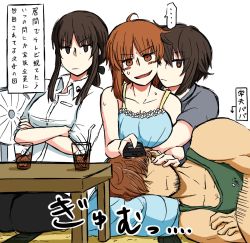 Rule 34 | 1boy, 3girls, blush, controller, cup, drinking glass, drinking straw, electric fan, family, father and daughter, girls und panzer, hair over eyes, highres, hug, ice, ice cube, lap pillow, leaning on person, mother and daughter, multiple girls, nishizumi maho, nishizumi shiho, nishizumi tsuneo, noumen, remote control, short hair, siblings, sisters, table, translation request