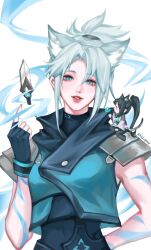 Rule 34 | 2girls, animal ears, black bodysuit, black eyes, black hair, blue eyes, blue jacket, bodysuit, cat ears, commentary, cropped jacket, english commentary, extra ears, grey hair, grey robe, hair behind ear, head tilt, highres, jacket, jett (valorant), kemonomimi mode, knife, long hair, multiple girls, parted lips, ponytail, robe, sage (valorant), simple background, sleeveless, sleeveless bodysuit, sleeveless jacket, smile, solo focus, valorant, very long hair, wan wan, white background, wind