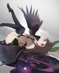 Rule 34 | 0shino, 1girl, absurdres, between breasts, black thighhighs, black wings, bow, breasts, brown hair, cape, closed mouth, feathered wings, green bow, green skirt, grey background, hair bow, highres, legs up, long hair, looking at viewer, lying, medium breasts, miniskirt, no bra, no shoes, on back, over-kneehighs, puffy short sleeves, puffy sleeves, red eyes, reiuji utsuho, shirt, short sleeves, skirt, sky, smile, solo, space, star (sky), starry sky, thighhighs, third eye, touhou, white shirt, wings