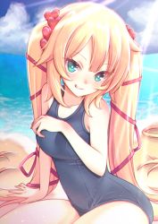 Rule 34 | 1girl, akai haato, alternate hairstyle, aqua eyes, bare arms, bare legs, bare shoulders, beach, blonde hair, blue one-piece swimsuit, breasts, eyelashes, grin, hair ornament, hair ribbon, heart, heart hair ornament, highres, hiva+, hololive, large breasts, long hair, looking at viewer, ocean, old school swimsuit, one-piece swimsuit, red ribbon, ribbon, school swimsuit, sitting, skin tight, smile, solo, sunlight, swimsuit, twintails, very long hair, virtual youtuber, yokozuwari
