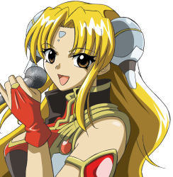 Rule 34 | &gt;:d, 00s, 1girl, :d, armlet, bare shoulders, blonde hair, breasts, bridal gauntlets, broccoli (company), brown eyes, eyelashes, facial mark, forehead mark, galaxy angel, gem, gloves, hair ornament, holding, holding microphone, long hair, looking at viewer, medium breasts, microphone, music, okan, open mouth, parted bangs, ranpha franboise, red gemstone, red gloves, simple background, singing, sleeveless, smile, solo, upper body, v-shaped eyebrows, very long hair, white background