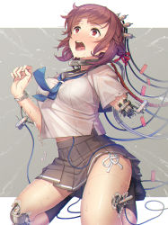 Rule 34 | 1girl, amputee, android, android girl (itou), blush, breasts, brown hair, cable, damaged, hair ornament, highres, itou (onsoku tassha), joints, kneeling, miniskirt, necktie, red eyes, robot joints, saliva, school uniform, serafuku, skirt, socks, solo, tears
