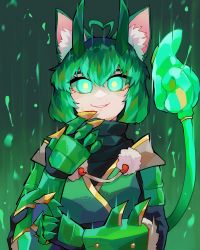 Rule 34 | 1girl, absurdres, ahoge, animal ear fluff, cat girl, cat tail, commentary request, diforland, gauntlets, girl dm, girl dm (jade oni), glowing, glowing eyes, green eyes, green hair, heart, heart ahoge, highres, indie virtual youtuber, smile, solo, tail, upper body, virtual youtuber