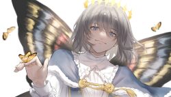 Rule 34 | 1boy, black coat, blue eyes, bug, butterfly, butterfly wings, capelet, coat, crown, diamond (shape), diamond crown, diamond hairband, fate/grand order, fate (series), grey hair, hairband, highres, insect, insect wings, looking at viewer, male focus, medium hair, oberon (fate), shirt, smile, white background, white shirt, wings, yellow hairband, yellow headwear, yipingtaopuzi