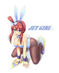 Rule 34 | 10s, 1girl, :d, animal ears, bare shoulders, blue eyes, blush, bow, bowtie, breasts, cleavage, creatures (company), english text, fake animal ears, game freak, gym leader, hair ornament, kneeling, leotard, looking at viewer, nintendo, open mouth, pantyhose, playboy bunny, pokemon, pokemon bw, rabbit ears, rabbit tail, red hair, sidelocks, skyla (pokemon), smile, solo, surume (clavis), tail, wrist cuffs