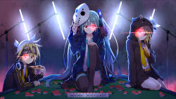 1boy 2girls aqua_hair belt black_footwear black_jacket black_shorts boots collared_shirt food glowing glowing_eye hatsune_miku headphones holding holding_food holding_mask holding_pizza hood hood_up jacket kagamine_len kagamine_rin long_hair mahjong mahjong_table mahjong_tile mask medium_hair multiple_girls nakama_daichi necktie open_clothes open_jacket original pepperoni pizza red_eyes shirt shorts sitting table thigh_boots twintails very_long_hair vocaloid white_shirt yellow_belt yellow_necktie