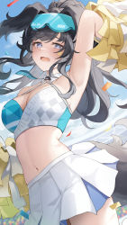 Rule 34 | 1girl, animal ears, arm up, armpits, bare shoulders, black hair, blue archive, blue eyes, blush, breasts, cheerleader, dog ears, dog girl, dog tail, eyewear on head, goggles, goggles on head, gya (144), halo, hibiki (blue archive), hibiki (cheer squad) (blue archive), highres, holding, holding pom poms, large breasts, long hair, looking at viewer, medium breasts, millennium cheerleader outfit (blue archive), miniskirt, navel, official alternate costume, open mouth, outdoors, pom pom (cheerleading), pom poms, ponytail, skirt, solo, stadium, sticker on face, tail, thighs, white skirt, yellow halo