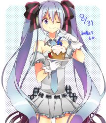 Rule 34 | bad id, bad pixiv id, blue eyes, blue hair, cake, candy, cupcake, food, food on face, fruit, hatsune miku, headphones, headset, long hair, necktie, pochimeron, skirt, solo, strawberry, twintails, very long hair, vocaloid
