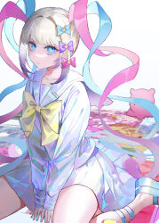 Rule 34 | 1girl, absurdres, between legs, blonde hair, blue bow, blue eyes, blue footwear, blue hair, blue nails, blue shirt, blue skirt, bow, chouzetsusaikawa tenshi-chan, closed mouth, hair bow, hair ornament, hand between legs, highres, holographic clothing, long hair, long sleeves, looking at viewer, multicolored hair, multicolored nails, needy girl overdose, pink bow, pink hair, pink nails, platform footwear, pleated skirt, purple bow, quad tails, sailor collar, school uniform, serafuku, shirt, shoes, sitting, skirt, sleepless (wrysmile), solo, stuffed animal, stuffed octopus, stuffed toy, twintails, very long hair, yellow bow, yellow nails