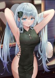 Rule 34 | 1girl, :o, arme (cgsy7484), armpits, arms behind head, arms up, black dress, blue eyes, blue hair, blush, breasts, china dress, chinese clothes, covered navel, cowboy shot, dress, hair ornament, hands in hair, highres, large breasts, long hair, looking at viewer, mirror, original, parted lips, pelvic curtain, plate, reflection, sleeveless, sleeveless dress, solo, thigh gap, very long hair