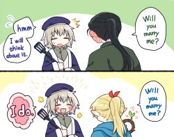 Rule 34 | 1boy, 2girls, black hair, blonde hair, blue headwear, blue jacket, blush, capelet, closed eyes, comparison, dungeon meshi, elf, english text, facing another, falin touden, flying sweatdrops, full-face blush, grey hair, grey shirt, happy, hat, heart, hetero, holding, holding staff, hood, hood down, hooded capelet, jacket, long hair, long sleeves, marcille donato, marriage proposal, multiple girls, open mouth, pointy ears, ponytail, rejection, shirt, short hair, shurou, sprout, staff, youyan, yuri