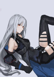 Rule 34 | 1girl, absurdres, arknights, ascot, bare shoulders, black ascot, black gloves, black pants, breasts, caijidayisheng, clothing cutout, commentary request, gloves, grey background, highres, leggings, long hair, looking at viewer, medium breasts, no headwear, pants, red eyes, silver hair, simple background, skadi (arknights), skadi (elite ii) (arknights), solo, thigh cutout, thighs