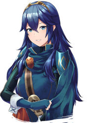 Rule 34 | 1girl, ameno (a meno0), bad id, bad twitter id, blue eyes, blue hair, elbow gloves, fingerless gloves, fire emblem, fire emblem awakening, gloves, hair between eyes, long hair, looking at viewer, lucina (fire emblem), nintendo, scarf, simple background, smile, solo, symbol-shaped pupils, tiara, white background