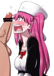 Rule 34 | 1boy, 1girl, angry, bleach, blush, breasts, censored, dokugamine riruka, embarrassed, hanya (hanya yashiki), hat, hetero, highres, large breasts, long hair, nude, open mouth, penis, pink eyes, pink hair, shiny skin, simple background, sitting, sweat, testicles, twintails, white background