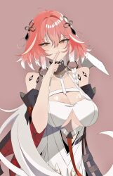 Rule 34 | 1girl, ahoge, bare shoulders, black jacket, body markings, braid, breasts, bright pupils, changli (wuthering waves), cleavage, clothing cutout, commentary request, cowboy shot, dress, finger to mouth, hair between eyes, hair intakes, hair ornament, highres, jacket, large breasts, long hair, looking to the side, multicolored hair, open clothes, open jacket, pink hair, red background, shushing, smile, solo, streaked hair, twin braids, underboob cutout, white dress, white hair, white pupils, wuthering waves, yellow eyes, zki vk
