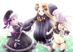 Rule 34 | 10s, 3girls, :d, abigail williams (fate), arm grab, bandaged arm, bandages, bare shoulders, beret, black bow, black dress, black gloves, black hat, black legwear, black panties, black shirt, blonde hair, bloomers, blue eyes, blush, bow, braid, breasts, bug, butterfly, clothes grab, commentary request, doll joints, dress, elbow gloves, fate/extra, fate/grand order, fate (series), fingerless gloves, frilled dress, frilled sleeves, frills, gloves, green eyes, hair bow, hat, houwasekai, insect, jack the ripper (fate/apocrypha), joints, long hair, long sleeves, low twintails, multiple girls, navel, nursery rhyme (fate), open mouth, orange bow, panties, parted bangs, pointing, polka dot, polka dot bow, profile, puffy short sleeves, puffy sleeves, purple eyes, scar, scar across eye, scar on face, shirt, short sleeves, shoulder tattoo, silver hair, single fingerless glove, single glove, sleeve grab, sleeveless, sleeveless shirt, sleeves past fingers, sleeves past wrists, small breasts, smile, tattoo, teeth, thighhighs, twin braids, twintails, underwear, unworn hat, unworn headwear, upper teeth only, very long hair, white bloomers, white bow
