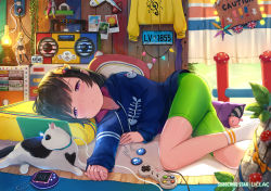 Rule 34 | !, 1girl, animal, arrow (symbol), artist name, bike shorts, black hair, blue hoodie, bow, cat, closed mouth, commentary request, controller, drawstring, feet out of frame, figure, game controller, glowing, green shorts, hair bow, half-closed eyes, hood, hood down, hoodie, indoors, license plate, liclac, long sleeves, lying, no shoes, on side, original, purple eyes, short shorts, shorts, sign, sleeves past wrists, socks, solo, stereo, tablet pc, union jack, white socks, yellow bow, yellow hoodie