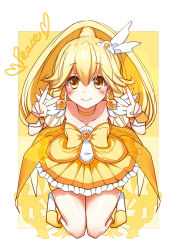 Rule 34 | 10s, 1girl, blonde hair, bow, cure peace, double v, dress, earrings, hair flaps, highres, jewelry, kise yayoi, long hair, magical girl, precure, sei000, shorts, shorts under skirt, skirt, smile, smile precure!, solo, v, wrist cuffs, yellow bow, yellow dress, yellow eyes, yellow shorts, yellow skirt, yellow theme