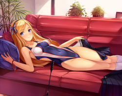 Rule 34 | 1girl, blonde hair, blue eyes, blush, breasts, collarbone, commentary request, competition swimsuit, couch, covered navel, eyebrows, hair ribbon, hairband, highleg, highleg swimsuit, highres, indoors, kneehighs, long hair, looking at viewer, lying, medium breasts, on couch, on side, one-piece swimsuit, original, racket, ribbon, smile, socks, solo, swimsuit, tennis racket, white socks, wrist ribbon, yokaze japan