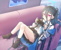 Rule 34 | &lt;key&gt; (blue archive), 1girl, absurdly long hair, absurdres, ass, black hair, black skirt, black socks, blue archive, collared shirt, commentary request, couch, drawing (object), dress, english text, hair between eyes, halo, handheld game console, highres, holding, holding handheld game console, hood, hooded jacket, indoors, jacket, long hair, long sleeves, looking at viewer, lying, necktie, on back, one side up, panties, pantyshot, pleated skirt, purple dress, rectangular halo, school uniform, shirt, sidelocks, skirt, socks, solo, sweatdrop, underwear, very long hair, white shirt, wjddn