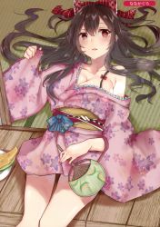 Rule 34 | 1girl, absurdres, artist name, black hair, blush, bow, breasts, cantaloupe, cleavage, floral print, food, fruit, hair between eyes, hair bow, hand fan, hand up, highres, holding, holding fan, japanese clothes, kimono, large breasts, light smile, long hair, looking at viewer, lying, melonbooks, nail polish, nana kagura, obi, on back, original, paper fan, parted lips, purple kimono, red bow, red eyes, red nails, sash, short kimono, smile, solo, tatami, thighs, uchiwa, veranda