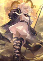 Rule 34 | 1girl, absurdres, arknights, beeswax (arknights), belt, bibimbub, black belt, black footwear, black jacket, black ribbon, commentary, dress, hand up, highres, horns, jacket, leg ribbon, long hair, long sleeves, looking at viewer, open clothes, open jacket, ribbon, shoes, short dress, silver hair, solo, staff, thighs, white dress, wide sleeves