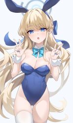 Rule 34 | 1girl, absurdres, animal ears, blonde hair, blue archive, blue bow, blue bowtie, blue eyes, blue leotard, blue nails, blush, bow, bowtie, breasts, cleavage, commentary, cowboy shot, detached collar, double v, fake animal ears, groin, hara (xper8243), highres, leotard, long hair, looking at viewer, medium breasts, official alternate costume, open mouth, rabbit ears, simple background, solo, strapless, strapless leotard, toki (blue archive), toki (bunny) (blue archive), v, white background, wrist cuffs