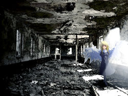 Rule 34 | 1girl, :o, angel wings, arms behind back, blonde hair, butayaro, ceiling, cross, full body, graphite (medium), habit, highres, jewelry, lips, long hair, looking at viewer, necklace, nun, original, perspective, red eyes, ruins, solo, standing, sunlight, third-party edit, traditional media, wings