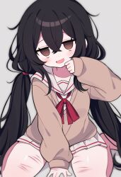 Rule 34 | 1girl, aliceyawnin, bags under eyes, black hair, blurry, blurry foreground, brown eyes, brown sweater, clenched hand, collarbone, cuts, empty eyes, false smile, grey background, hair between eyes, hand on floor, hand up, highres, injury, light blush, looking at viewer, low twintails, messy hair, open mouth, original, red ribbon, ribbon, sailor collar, self-harm scar, simple background, sitting, smile, solo, sweater, thighs, twintails, wariza, white sailor collar