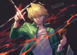 Rule 34 | 1boy, blonde hair, card, duel disk, green jacket, grin, highres, holding, holding card, ikam, jacket, jonouchi katsuya, looking at viewer, male focus, shirt, smile, solo, upper body, white shirt, yu-gi-oh!, yu-gi-oh! duel monsters